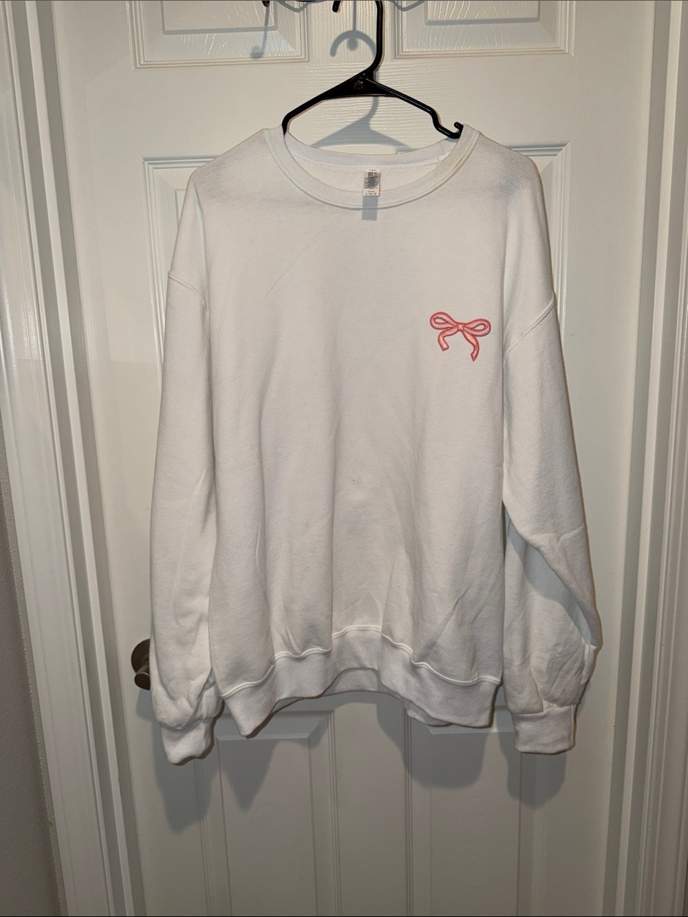 Jerzees White Crewneck Sweatshirt with Pink Bow Accent